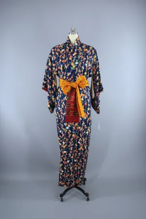 1950s Vintage Silk Kimono Robe / Blue Floral Daisy Chains