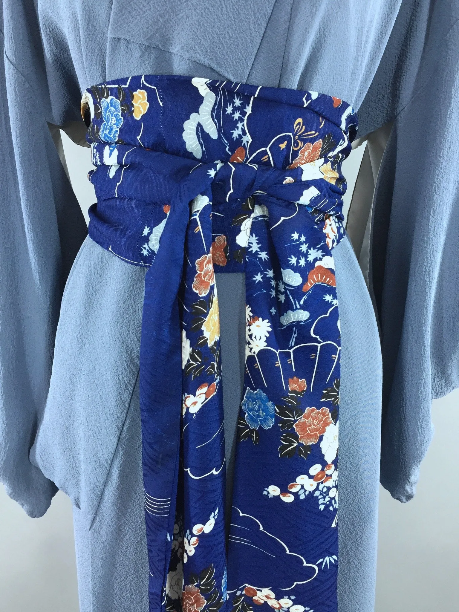 1950s Vintage Silk Kimono Robe / Blue Silk Crepe