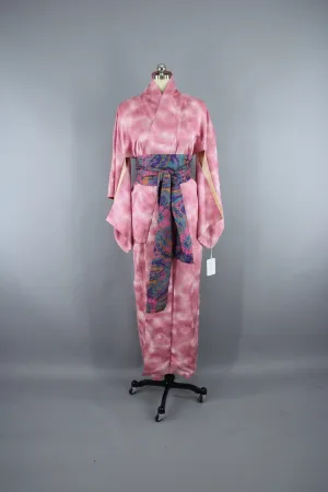 1950s Vintage Silk Kimono Robe / Pink Ombre Clouds Floral