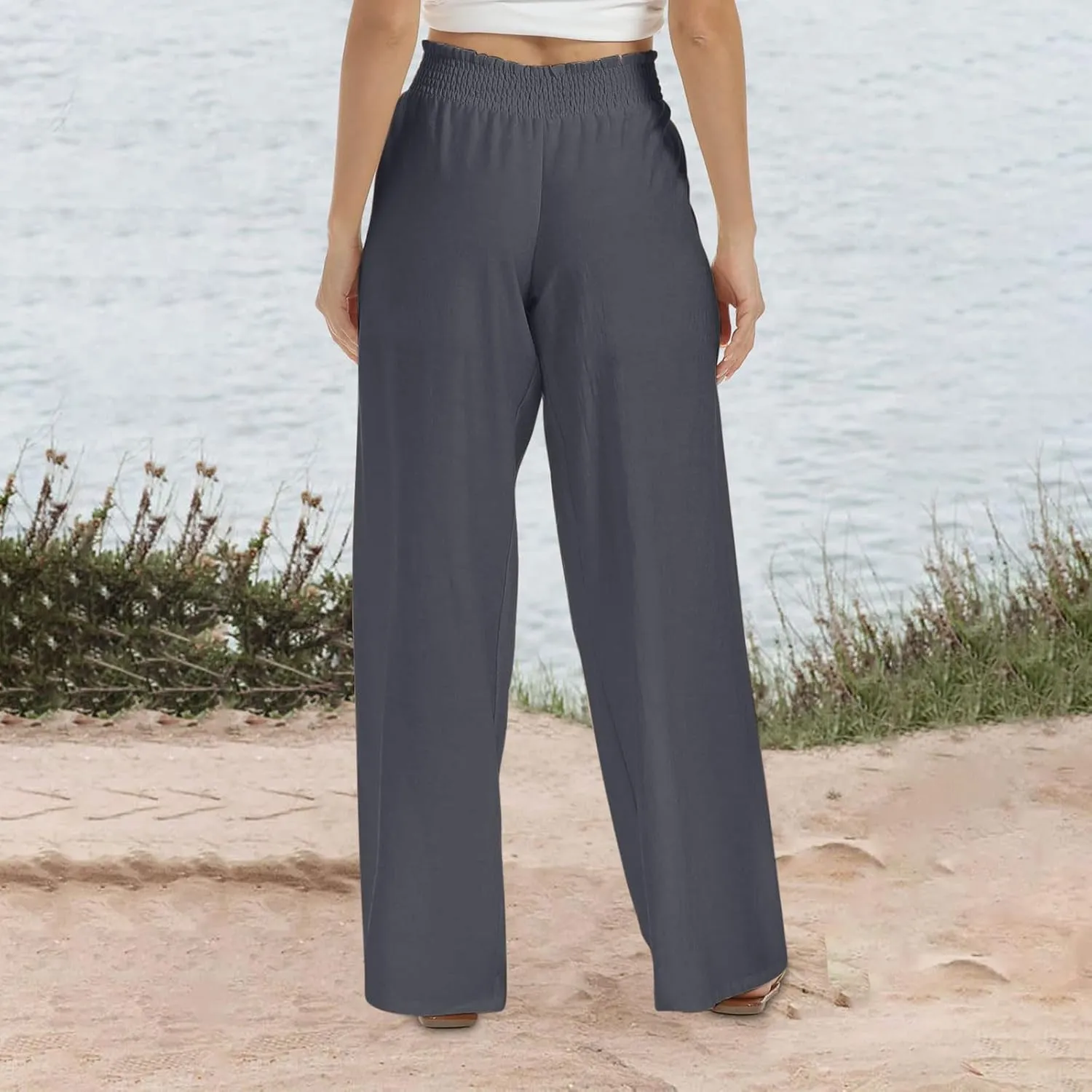 2025 Women's Casual Cotton Linen Pants with Pockets Summer Relax Fit Elastic Waist Straight Leg Trouser Pants