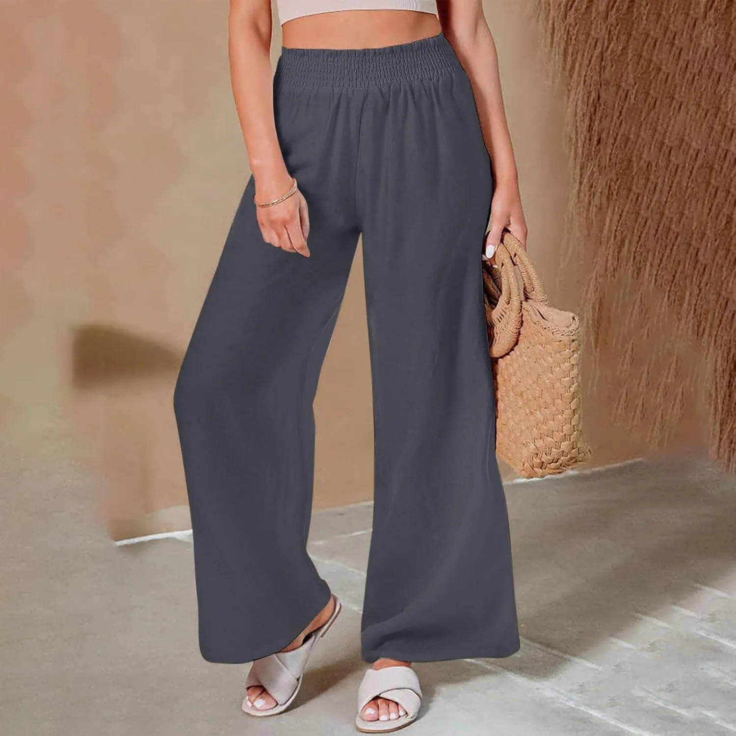 2025 Women's Casual Cotton Linen Pants with Pockets Summer Relax Fit Elastic Waist Straight Leg Trouser Pants