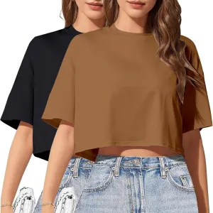 2PC Women's Basic Crop Top Drop Shoulder T Shirt Half Sleeve Cropped Tee Crewneck Short Sleeve Casual Summer Top