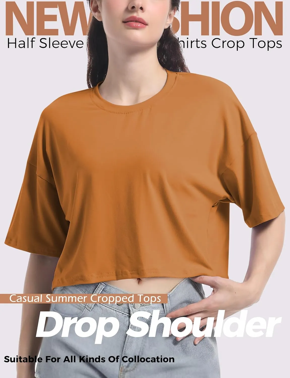2PC Women's Basic Crop Top Drop Shoulder T Shirt Half Sleeve Cropped Tee Crewneck Short Sleeve Casual Summer Top