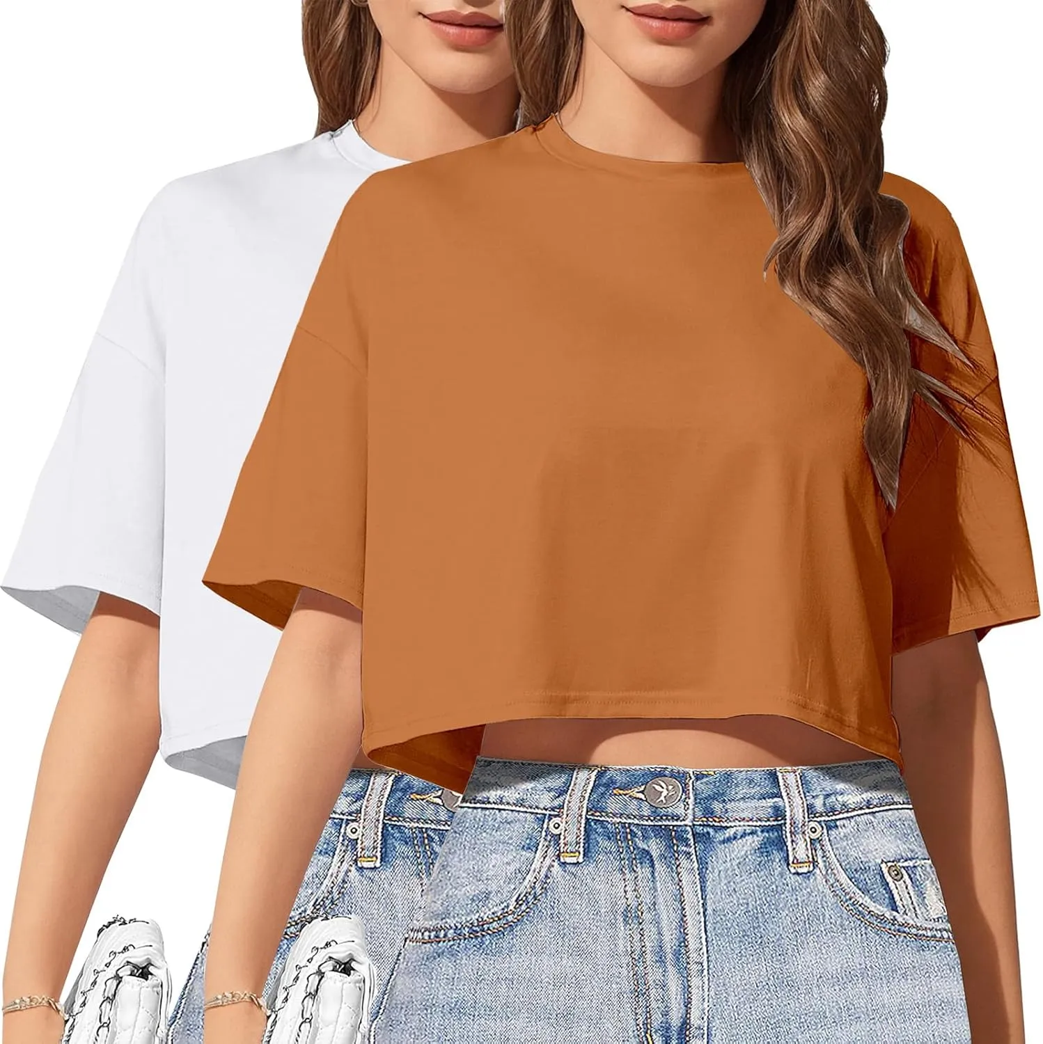 2PC Women's Basic Crop Top Drop Shoulder T Shirt Half Sleeve Cropped Tee Crewneck Short Sleeve Casual Summer Top
