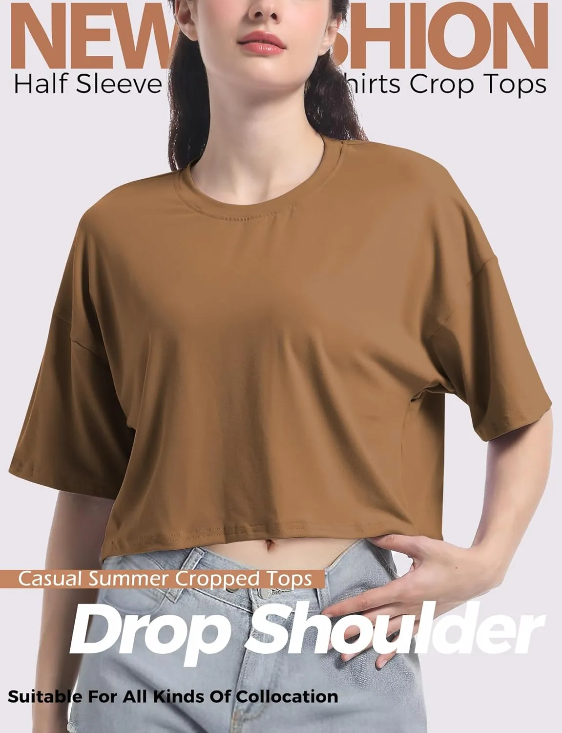 2PC Women's Basic Crop Top Drop Shoulder T Shirt Half Sleeve Cropped Tee Crewneck Short Sleeve Casual Summer Top
