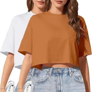2PC Women's Basic Crop Top Drop Shoulder T Shirt Half Sleeve Cropped Tee Crewneck Short Sleeve Casual Summer Top