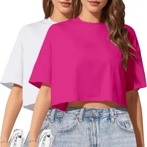 2PC Women's Basic Crop Top Drop Shoulder T Shirt Half Sleeve Cropped Tee Crewneck Short Sleeve Casual Summer Top