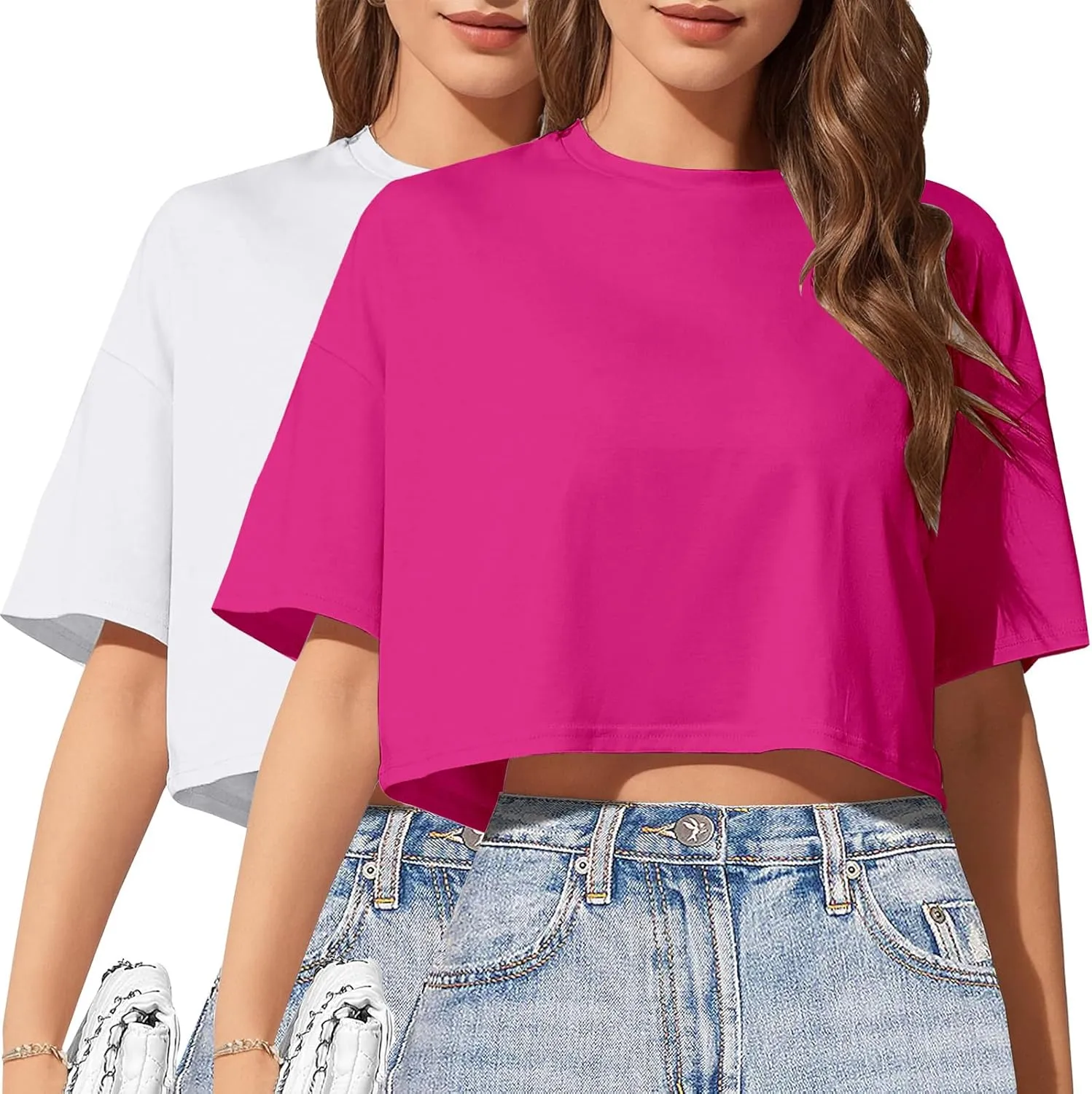 2PC Women's Basic Crop Top Drop Shoulder T Shirt Half Sleeve Cropped Tee Crewneck Short Sleeve Casual Summer Top