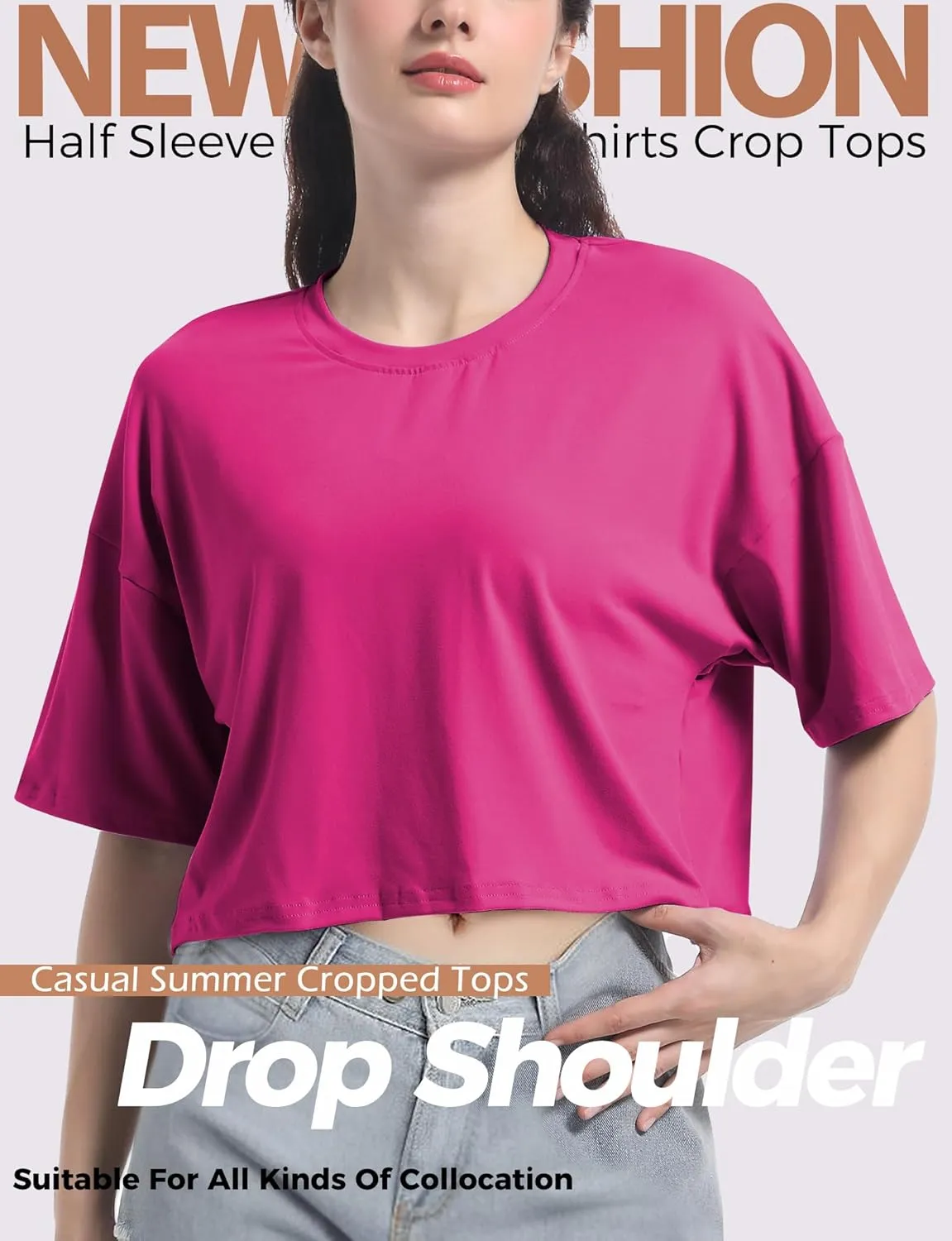 2PC Women's Basic Crop Top Drop Shoulder T Shirt Half Sleeve Cropped Tee Crewneck Short Sleeve Casual Summer Top