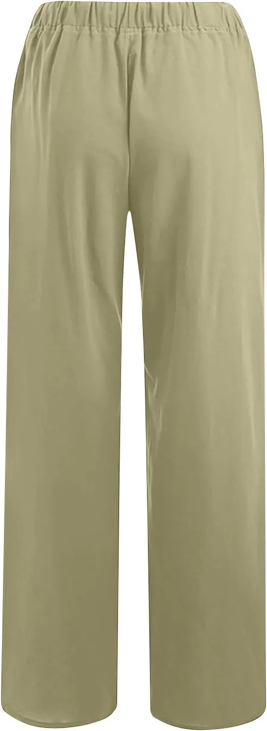 2PC Women's Casual Linen Pant Summer Drawstring Straight Slacks Elastic Waist Leg Palazzo Flowy Wide Leg Pants