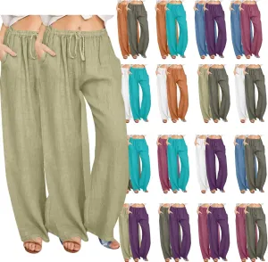 2PC Women's Casual Linen Pant Summer Drawstring Straight Slacks Elastic Waist Leg Palazzo Flowy Wide Leg Pants