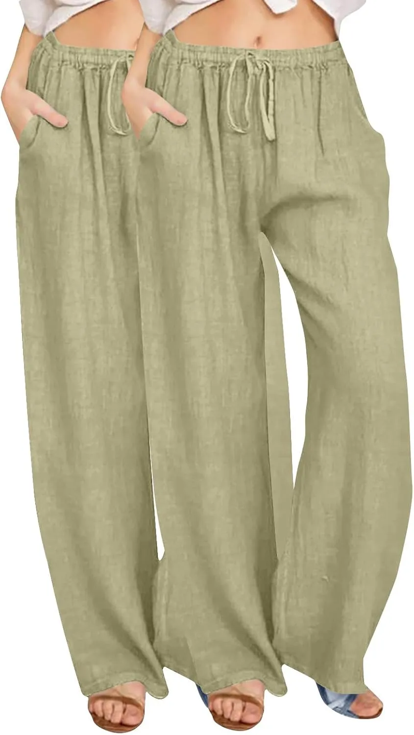 2PC Women's Casual Linen Pant Summer Drawstring Straight Slacks Elastic Waist Leg Palazzo Flowy Wide Leg Pants
