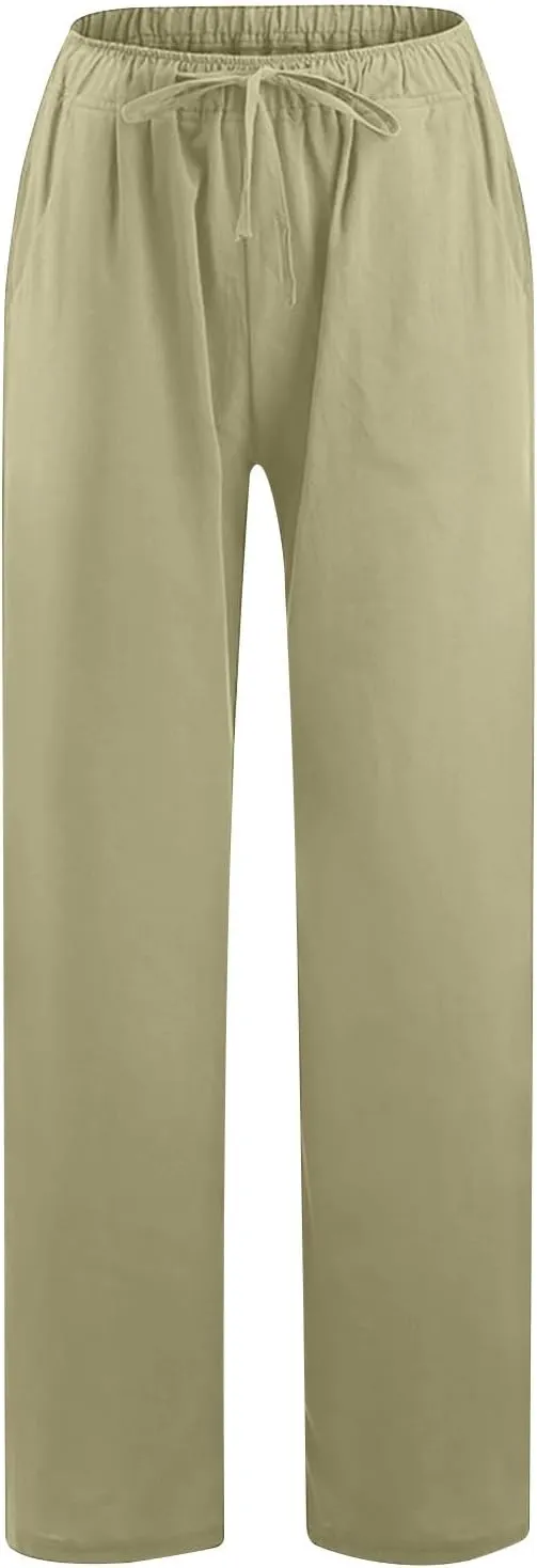 2PC Women's Casual Linen Pant Summer Drawstring Straight Slacks Elastic Waist Leg Palazzo Flowy Wide Leg Pants