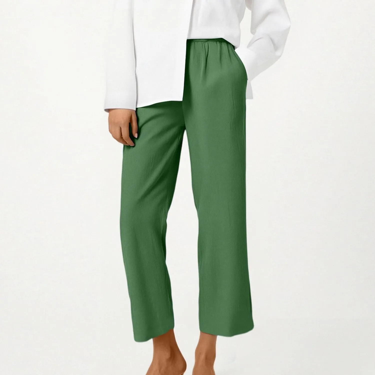 ADHOWBEW Capri Pants for Women Casual Comfy Cotton Summer Trendy Wide Leg Flowy High Waist Lounge Trousers with Pockets