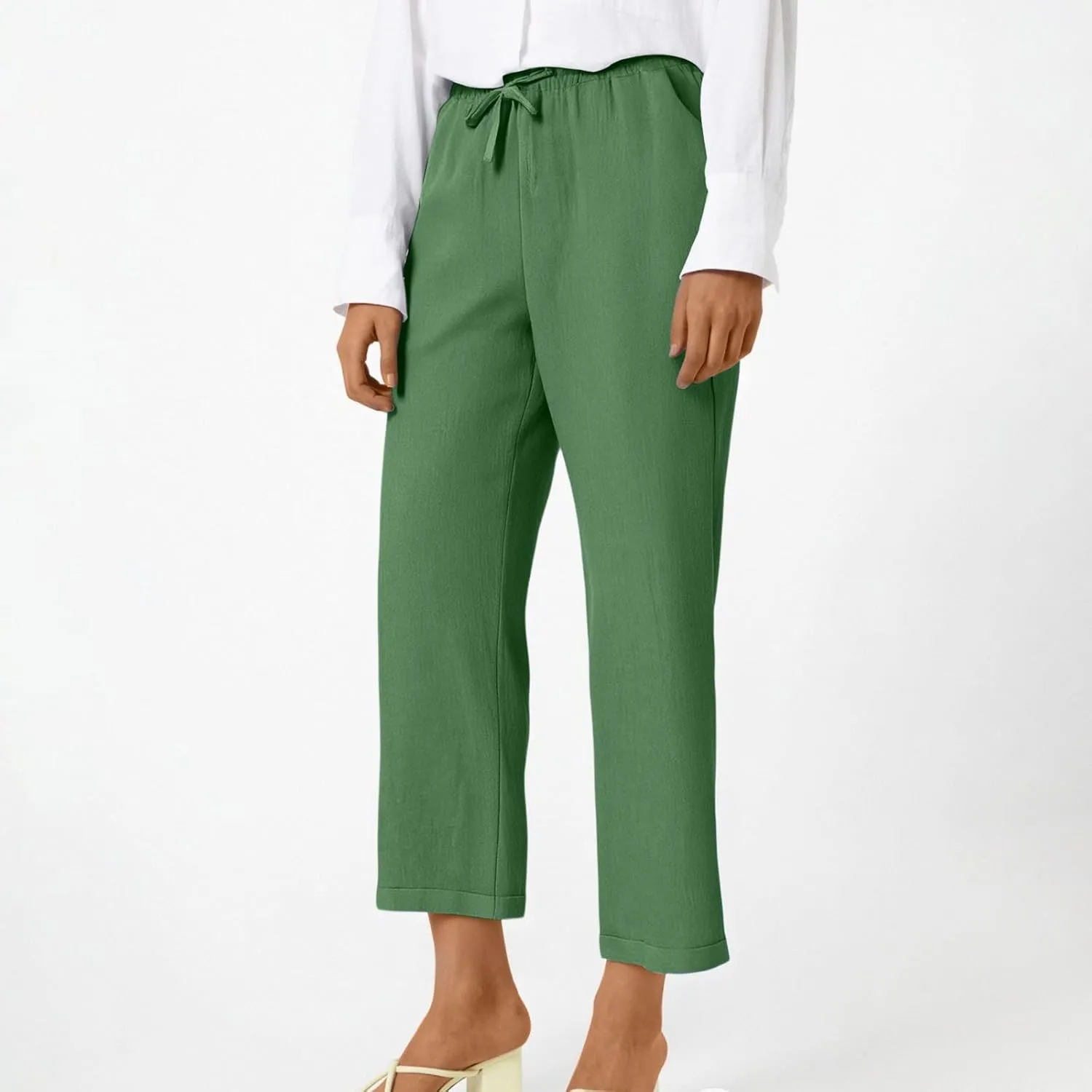 ADHOWBEW Capri Pants for Women Casual Comfy Cotton Summer Trendy Wide Leg Flowy High Waist Lounge Trousers with Pockets