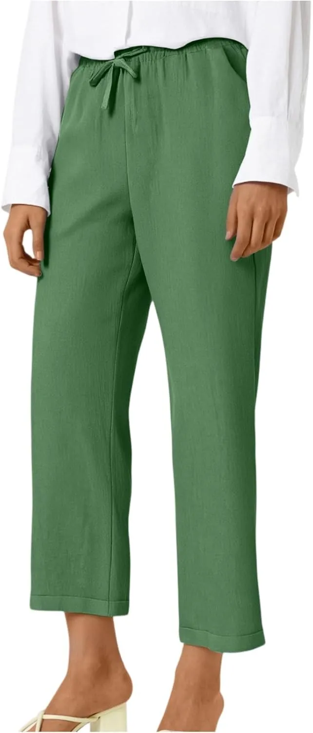 ADHOWBEW Capri Pants for Women Casual Comfy Cotton Summer Trendy Wide Leg Flowy High Waist Lounge Trousers with Pockets