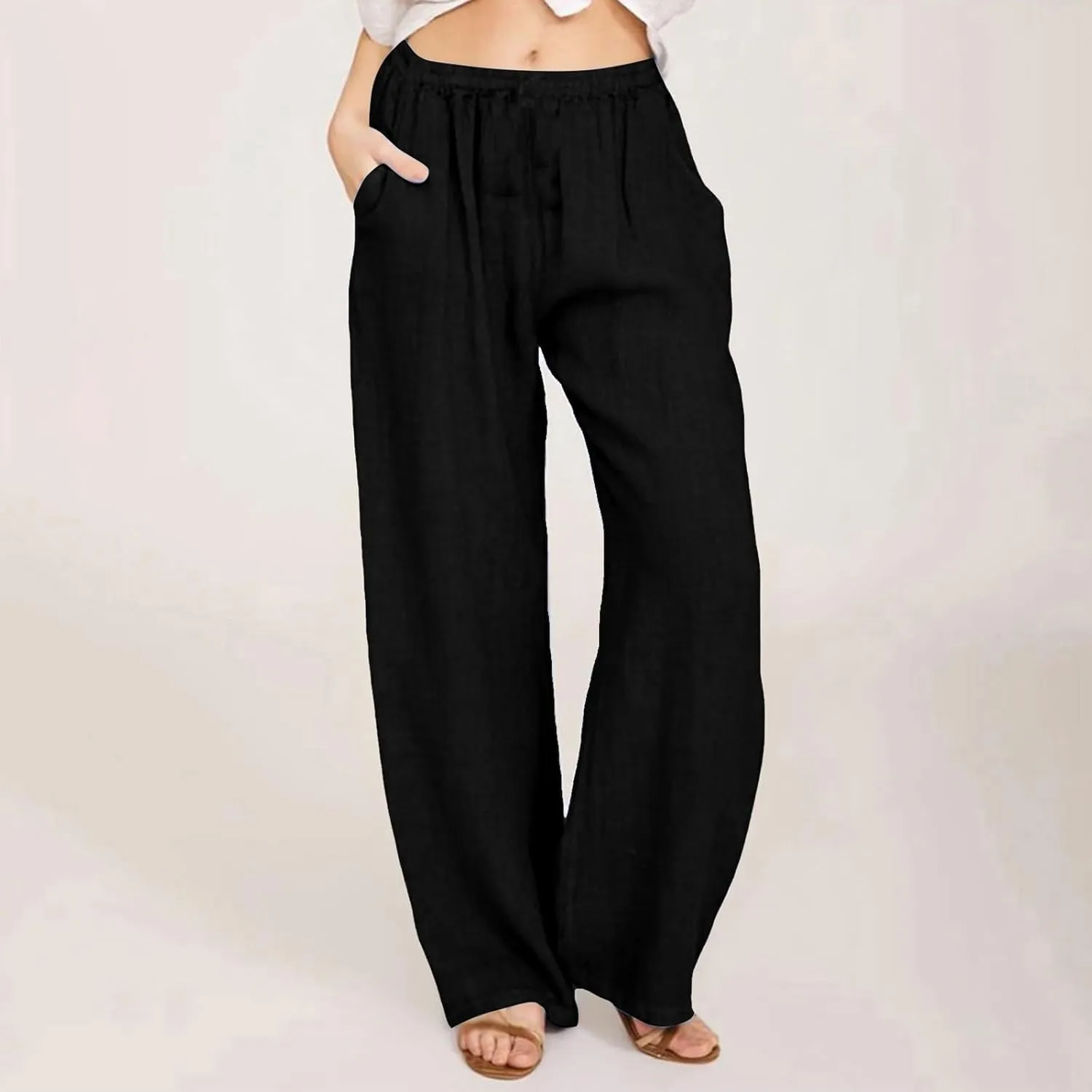 ADHOWBEW Linen Pants Women Casual Plus Size Stretch Petite Dressy Cotton Flowy High Waisted Work Lounge Dress Pants