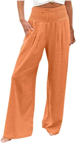 ADHOWBEW Women Linen Pants High Waisted Work Casual Lounge Plus Size Cotton Stretch Dressy Petite Flowy Palazzo Pants