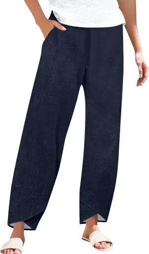 ADHOWBEW Womens Capri Pants with Pockets Wide Leg Drawstring Lounge Comfy High Waist Casual Cotton Flowy Summer Trousers