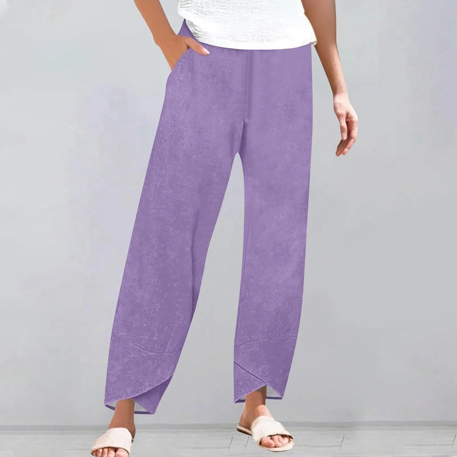 ADHOWBEW Womens Capri Pants with Pockets Wide Leg Drawstring Lounge Comfy High Waist Casual Cotton Flowy Summer Trousers