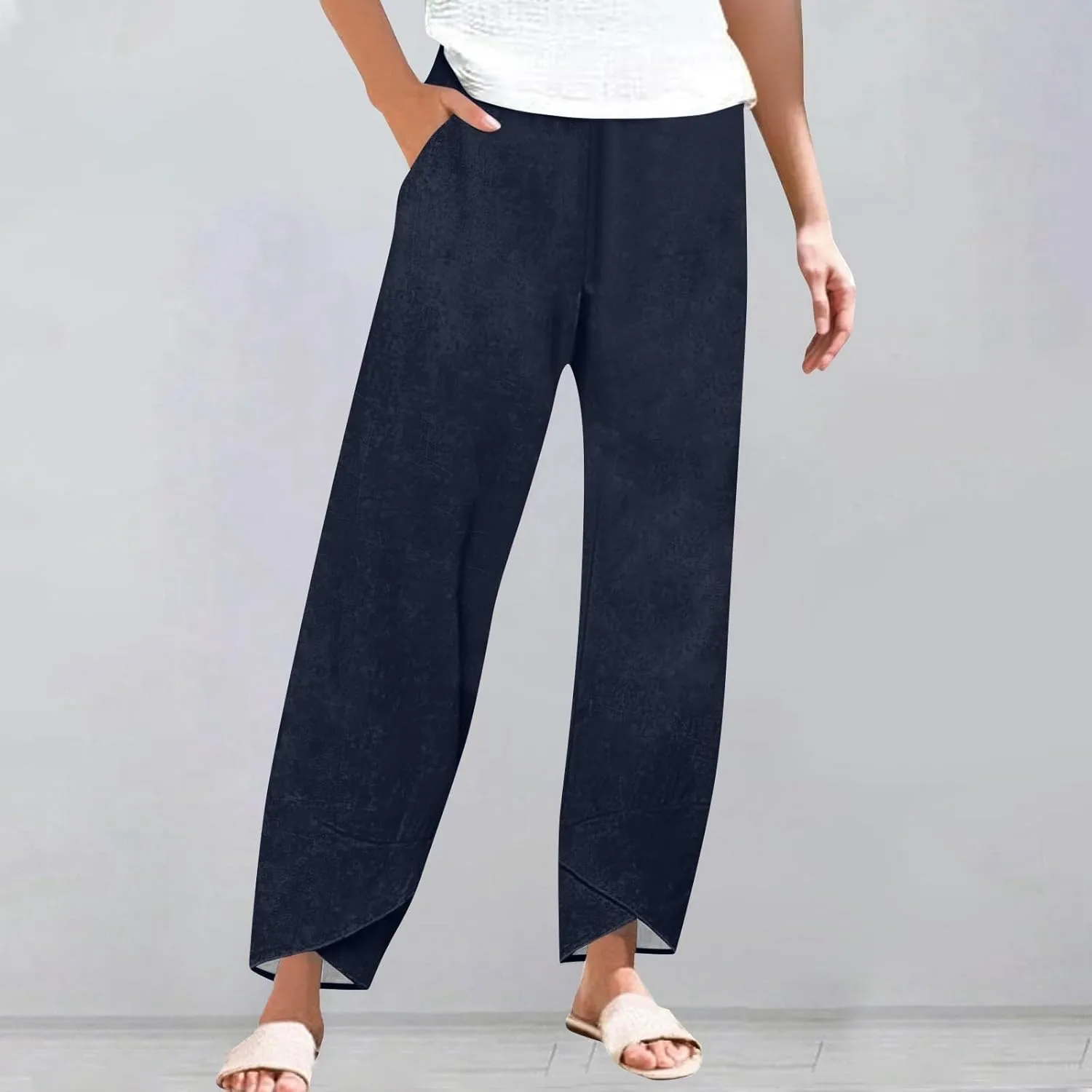 ADHOWBEW Womens Capri Pants with Pockets Wide Leg Drawstring Lounge Comfy High Waist Casual Cotton Flowy Summer Trousers