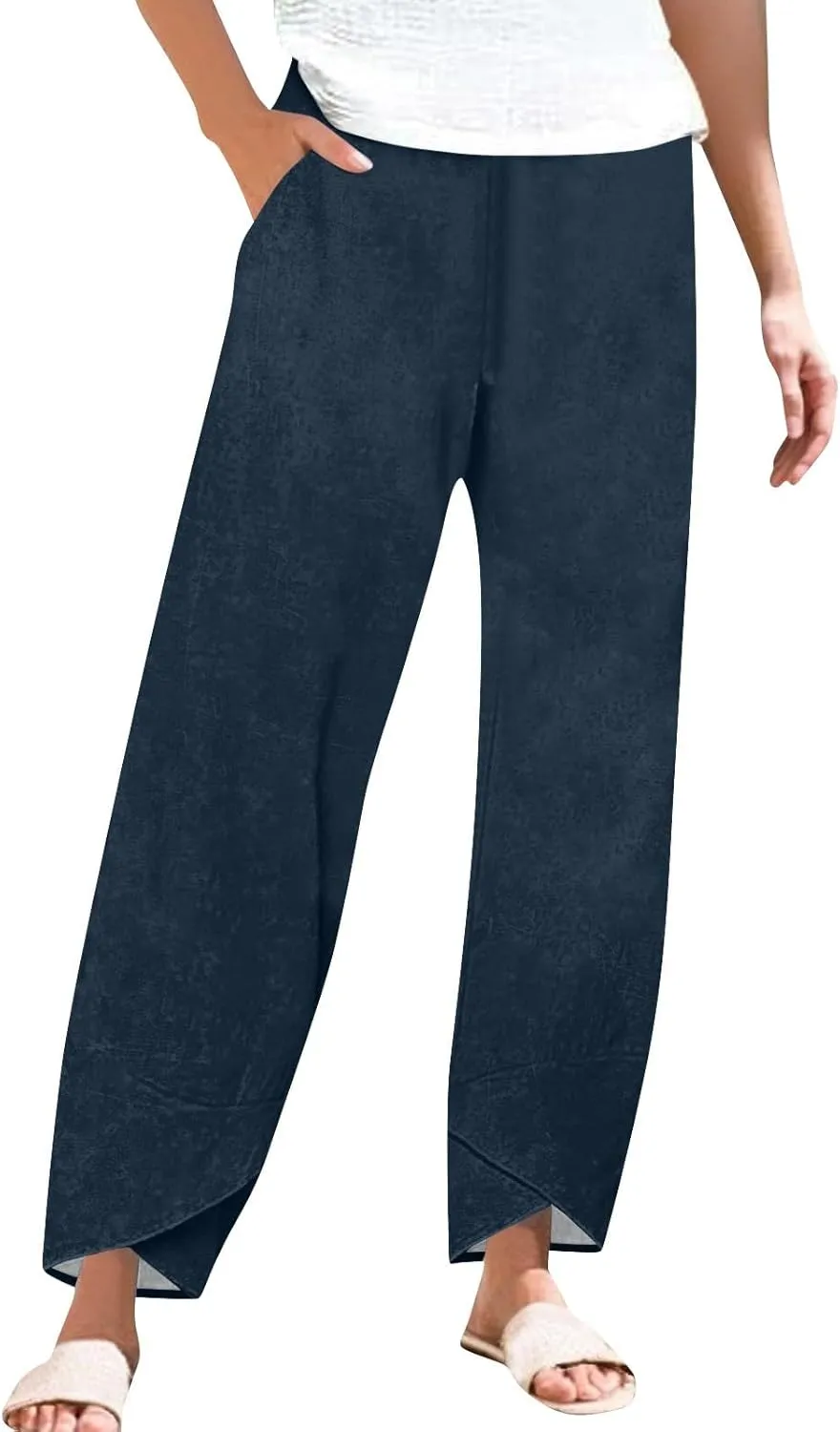 ADHOWBEW Womens Capri Pants with Pockets Wide Leg Drawstring Lounge Comfy High Waist Casual Cotton Flowy Summer Trousers