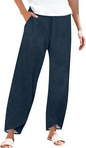 ADHOWBEW Womens Capri Pants with Pockets Wide Leg Drawstring Lounge Comfy High Waist Casual Cotton Flowy Summer Trousers