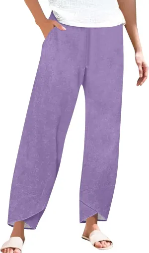 ADHOWBEW Womens Capri Pants with Pockets Wide Leg Drawstring Lounge Comfy High Waist Casual Cotton Flowy Summer Trousers