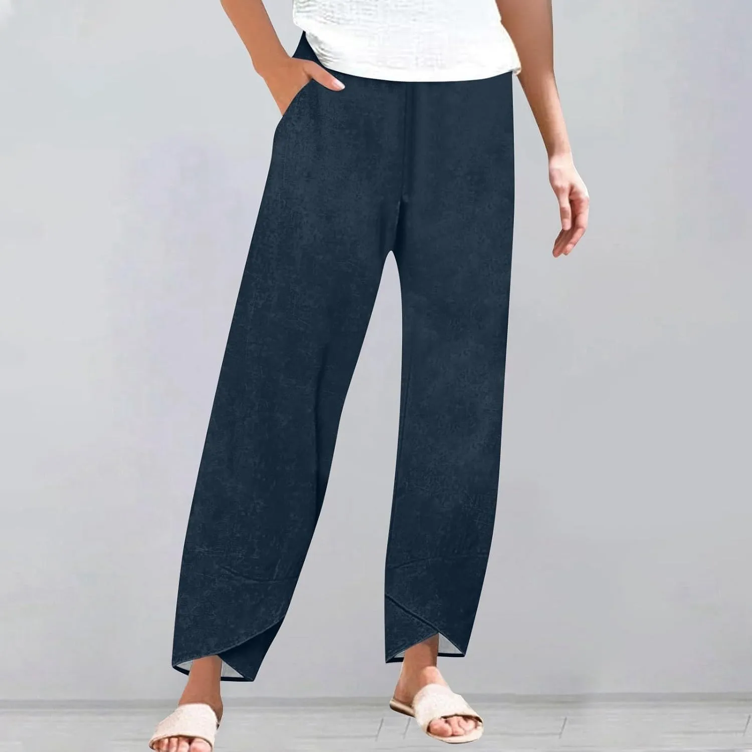 ADHOWBEW Womens Capri Pants with Pockets Wide Leg Drawstring Lounge Comfy High Waist Casual Cotton Flowy Summer Trousers