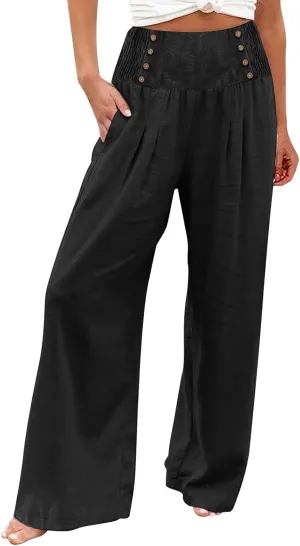 ADHOWBEW Womens Linen Pants Dressy High Waisted Cotton Work Lounge Plus Size Casual Petite Stretch Flowy Pants