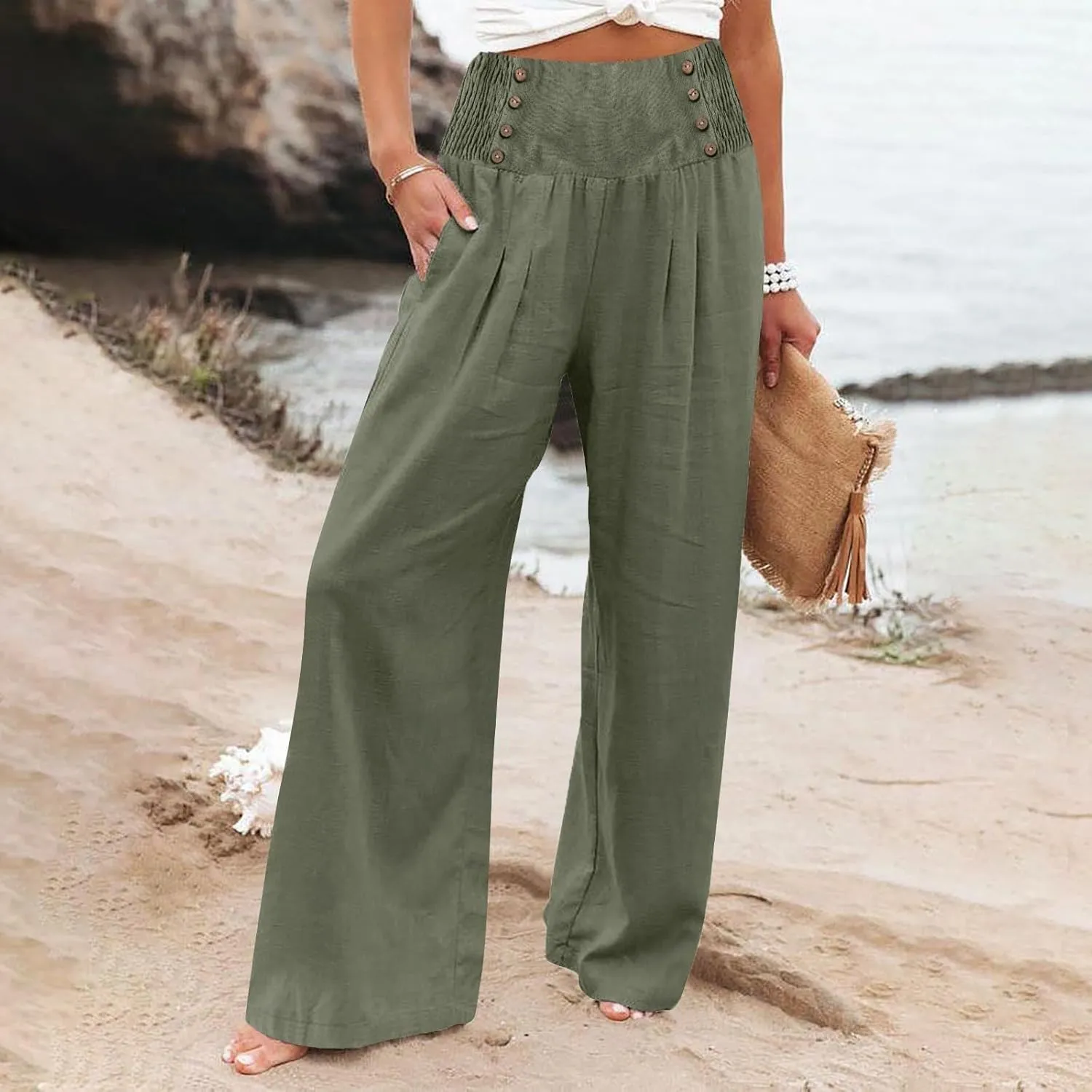 ADHOWBEW Womens Linen Pants Dressy High Waisted Cotton Work Lounge Plus Size Casual Petite Stretch Flowy Pants