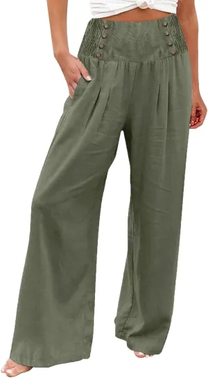 ADHOWBEW Womens Linen Pants Dressy High Waisted Cotton Work Lounge Plus Size Casual Petite Stretch Flowy Pants