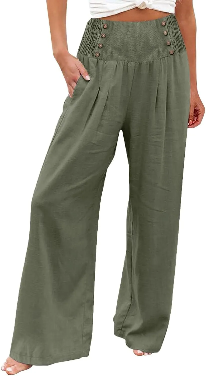 ADHOWBEW Womens Linen Pants Dressy High Waisted Cotton Work Lounge Plus Size Casual Petite Stretch Flowy Pants