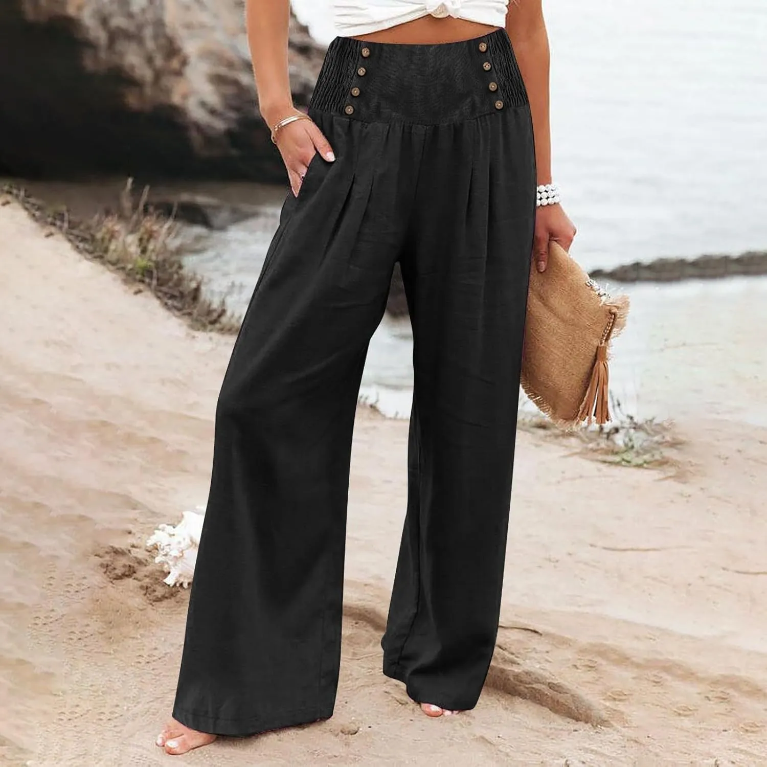 ADHOWBEW Womens Linen Pants Dressy High Waisted Cotton Work Lounge Plus Size Casual Petite Stretch Flowy Pants