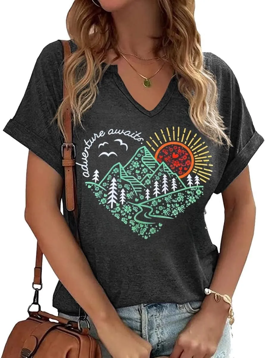 Adventure Hiking Camping Mountain Shirt for Women Travel Graphic Tee Shirts,US National Parks Shirt Outdoor Nature Tops