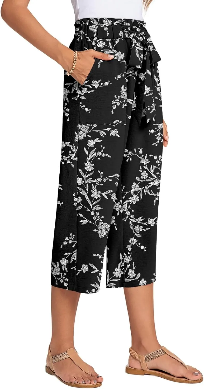 ALIGADUO Womens Capri Pants Casual Wide Leg Pants Loose High Waist Lounge Pants with Pockets