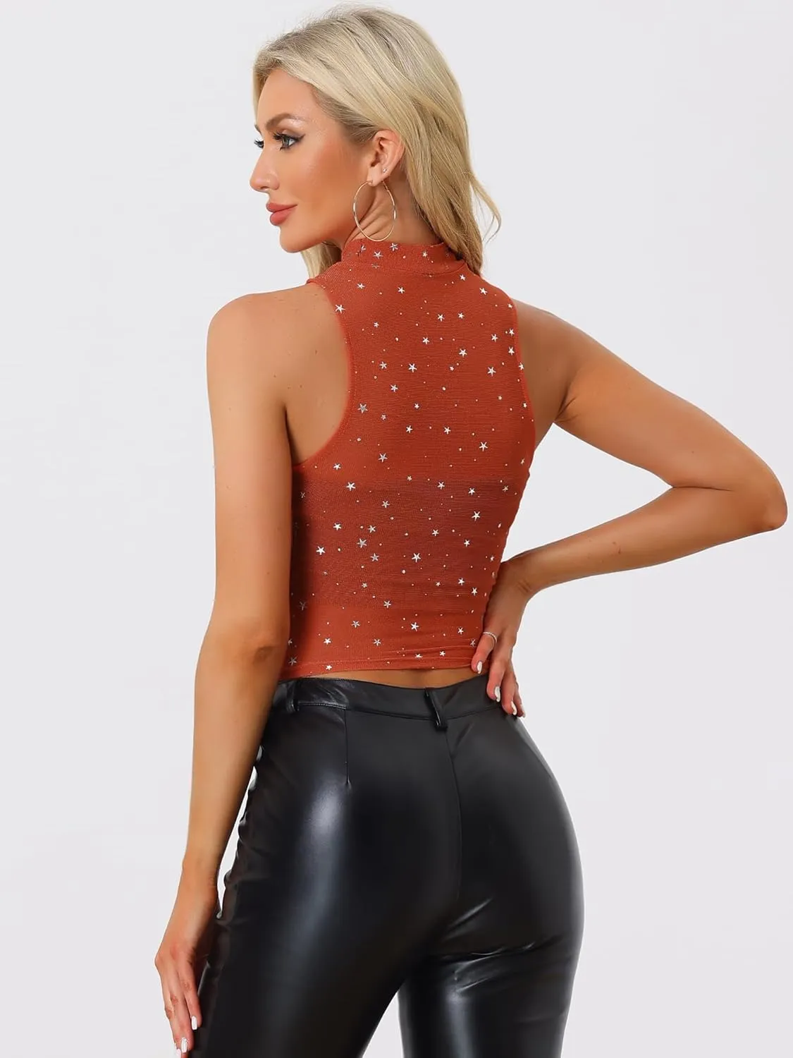Allegra K Star Mesh Crop Top for Women's Metallic Mock Neck Sleeveless See Through Party Tank Top