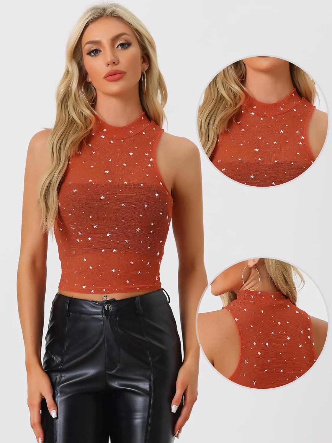 Allegra K Star Mesh Crop Top for Women's Metallic Mock Neck Sleeveless See Through Party Tank Top