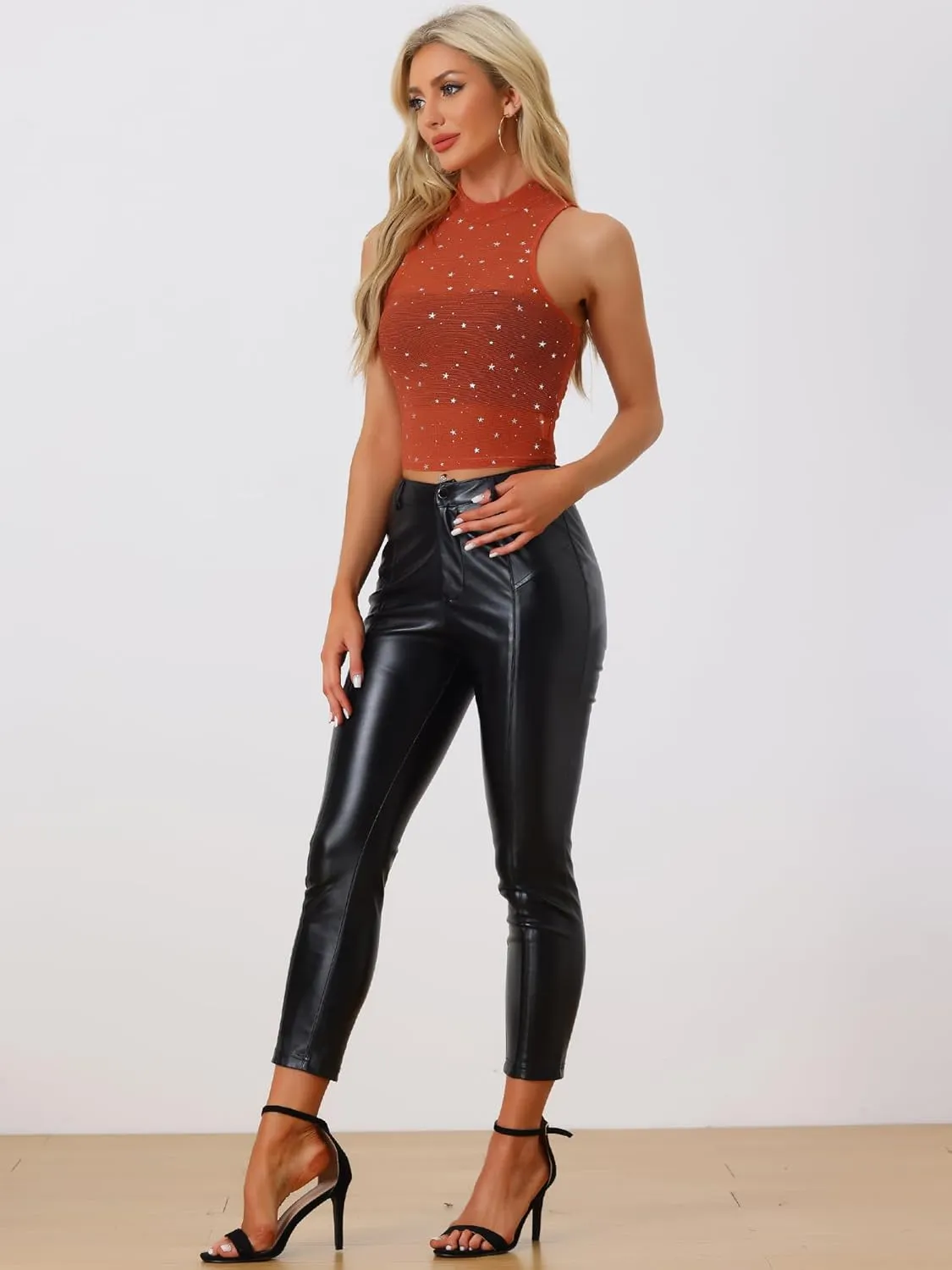 Allegra K Star Mesh Crop Top for Women's Metallic Mock Neck Sleeveless See Through Party Tank Top