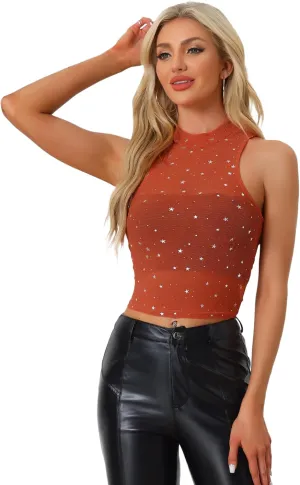 Allegra K Star Mesh Crop Top for Women's Metallic Mock Neck Sleeveless See Through Party Tank Top