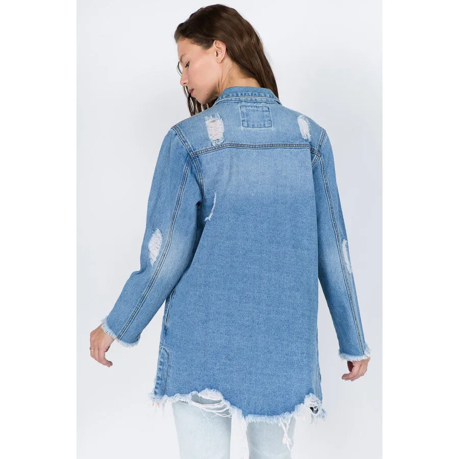 American Bazi Distressed Frayed Hem Denim Jacket
