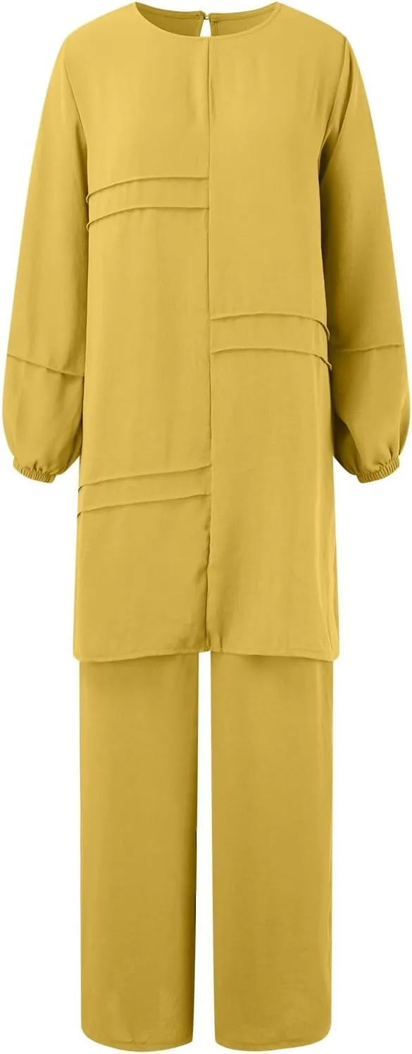 Aniywn Muslim Casual 2 Piece Set for Women Long Sleeve Loose Top Wide Leg Pants Suit Plus Size Outfit Prayer Clothes No Hijab