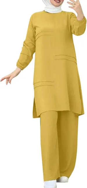 Aniywn Muslim Casual 2 Piece Set for Women Long Sleeve Loose Top Wide Leg Pants Suit Plus Size Outfit Prayer Clothes No Hijab