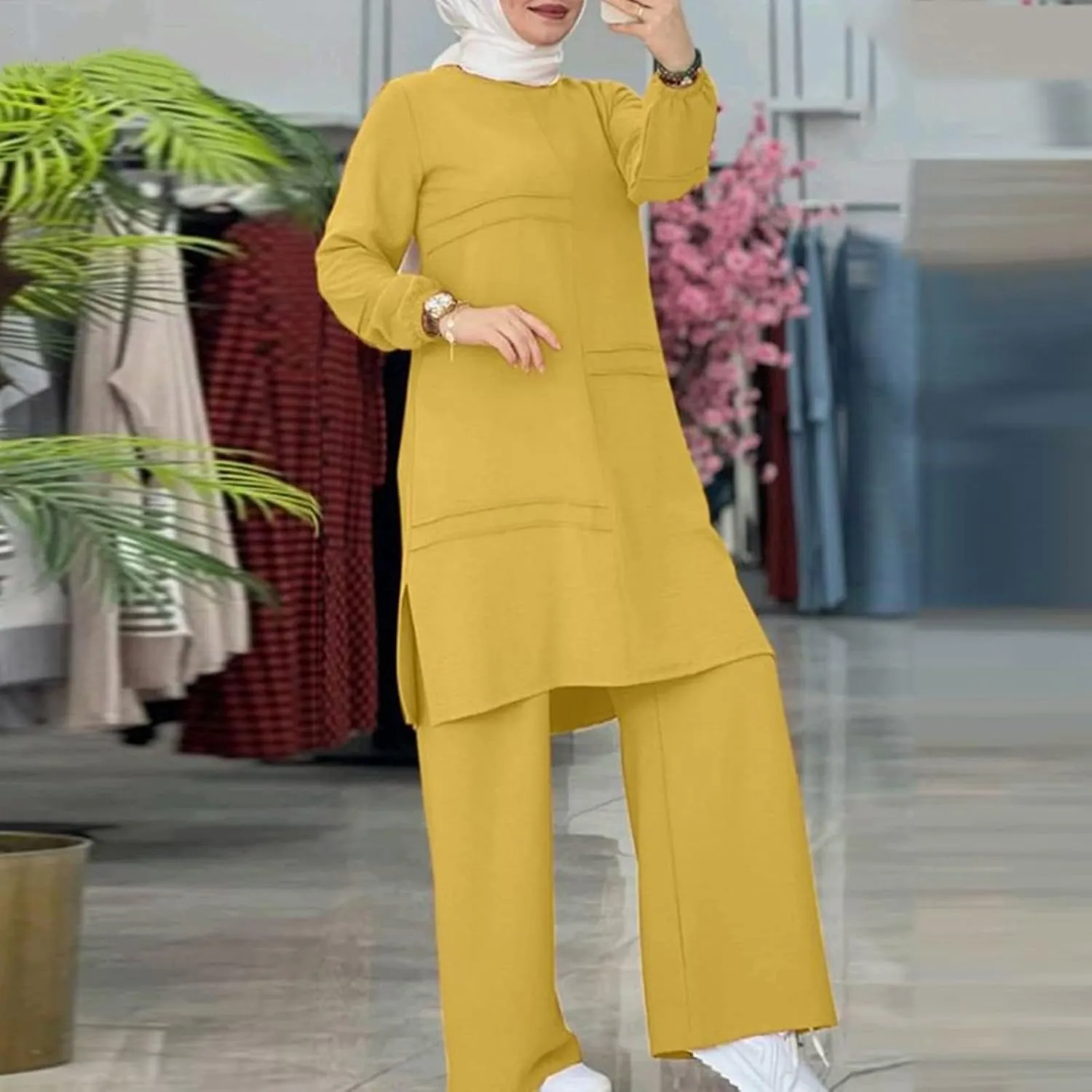 Aniywn Muslim Casual 2 Piece Set for Women Long Sleeve Loose Top Wide Leg Pants Suit Plus Size Outfit Prayer Clothes No Hijab