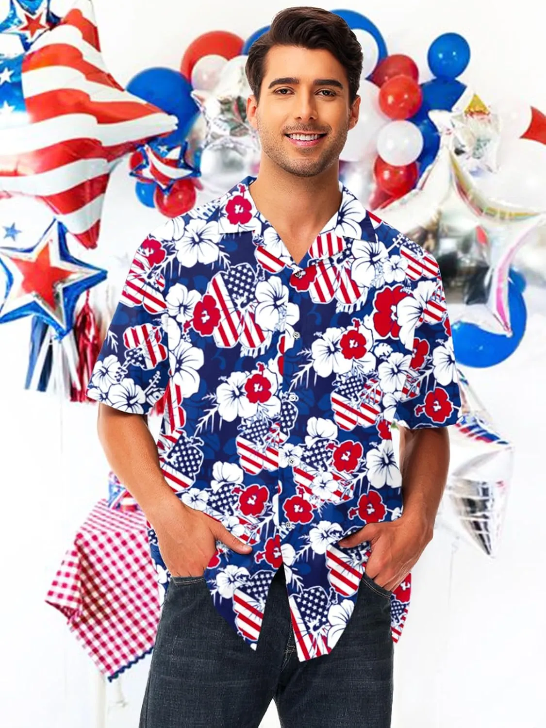 AOBUTE Men July 4th Shirts American Flag Hawaiian Shirt Funny LGBTQ Holiday Top