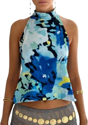 Aonoapll Women Y2k Floral Print Halter Top Backless Sleeveless Mock Neck Tank Top Open Back Going Out Vest Tops