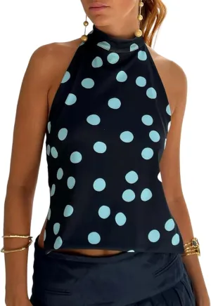 Aonoapll Women Y2k Floral Print Halter Top Backless Sleeveless Mock Neck Tank Top Open Back Going Out Vest Tops