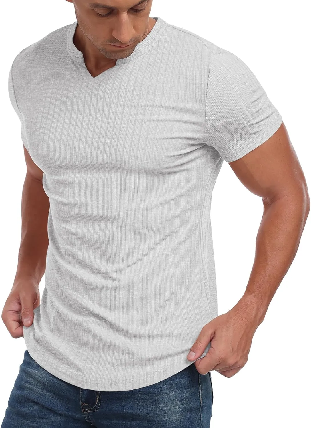 Askdeer Mens Short Sleeve Muscle T Shirt Slim Fit V-Neck Casual Shirt Gym Workout Athletic Tee