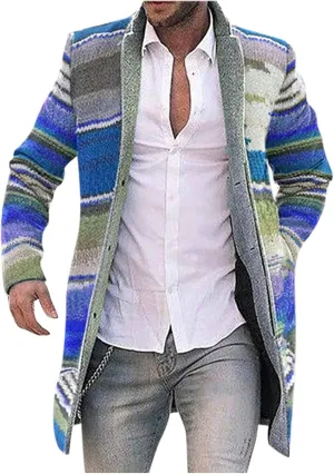 Aztec Jacket for Men, Mid Length Cardigan Sweaters, Shawl Collar Long Sleeve Open Front Button Jumper with Pockets