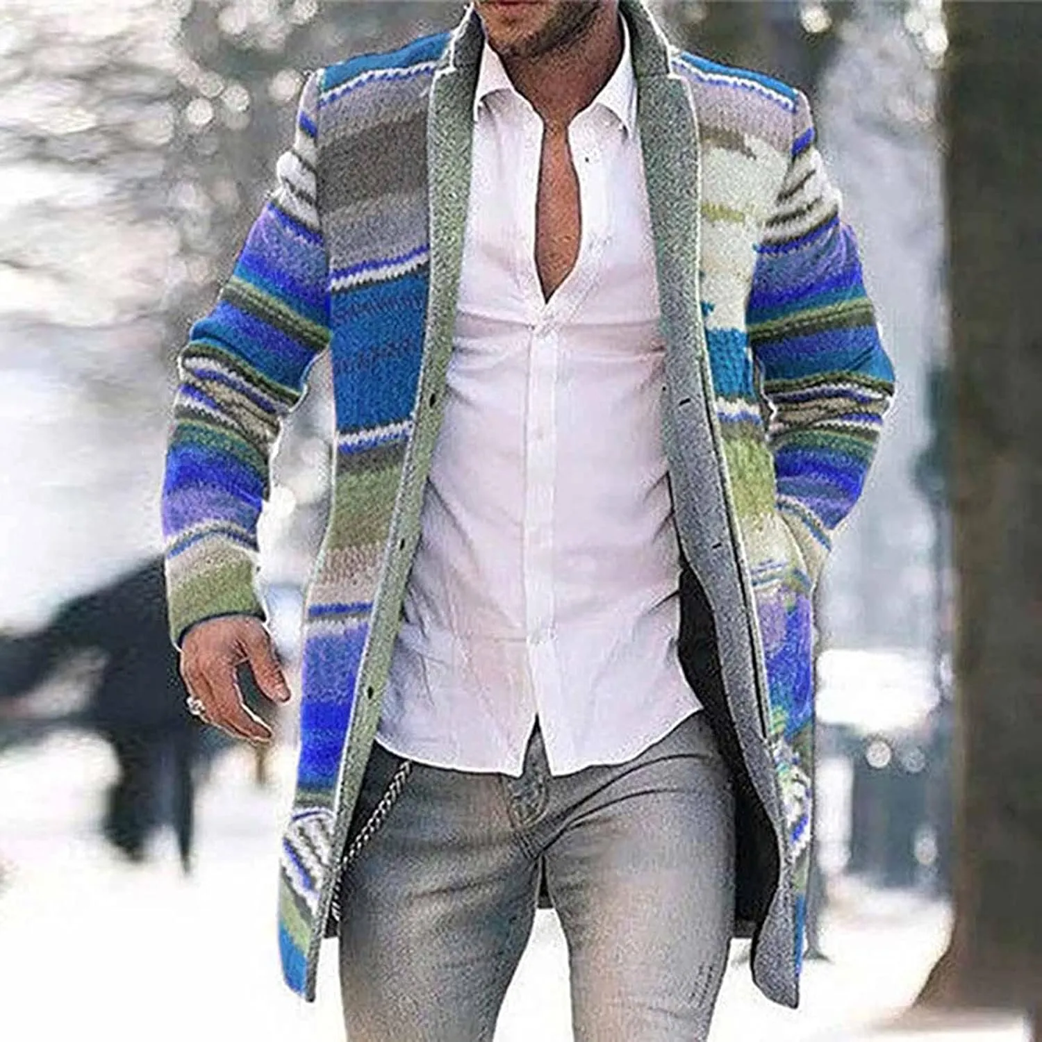 Aztec Jacket for Men, Mid Length Cardigan Sweaters, Shawl Collar Long Sleeve Open Front Button Jumper with Pockets